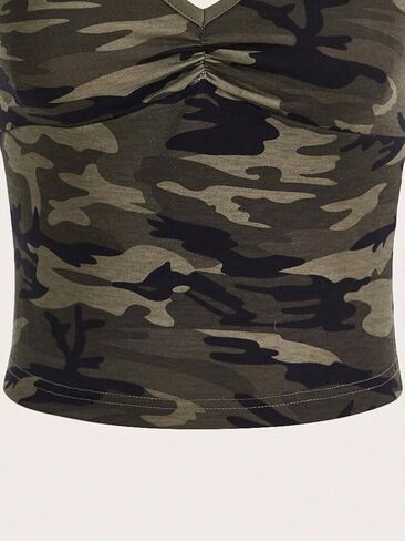 COZYEASE Women's Camo Print V Neck Sleeveless Crop Tops Casual Ruched Backless Halter Tops in Saudi Arabia