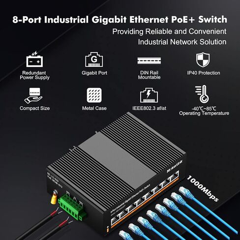 محول إيثرنت MokerLink 8 Port PoE Gigabit Industrial DIN-Rail Ethernet، طاقة 96 وات PoE+، سعة تحويل 16 جيجابت في الثانية، محول شبكة غير مُدار بتصنيف IP40 (-40 إلى 185 درجة فهرنهايت)، مع مصدر طاقة in Saudi Arabia