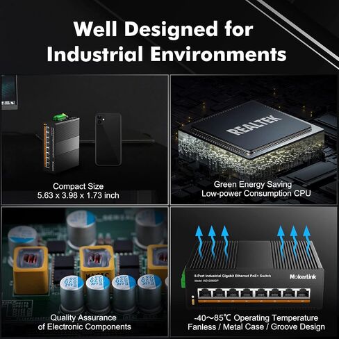 محول إيثرنت MokerLink 8 Port PoE Gigabit Industrial DIN-Rail Ethernet، طاقة 96 وات PoE+، سعة تحويل 16 جيجابت في الثانية، محول شبكة غير مُدار بتصنيف IP40 (-40 إلى 185 درجة فهرنهايت)، مع مصدر طاقة in Saudi Arabia