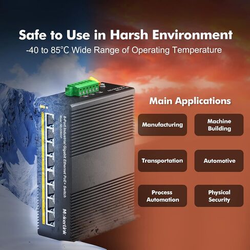محول إيثرنت MokerLink 8 Port PoE Gigabit Industrial DIN-Rail Ethernet، طاقة 96 وات PoE+، سعة تحويل 16 جيجابت في الثانية، محول شبكة غير مُدار بتصنيف IP40 (-40 إلى 185 درجة فهرنهايت)، مع مصدر طاقة in Saudi Arabia