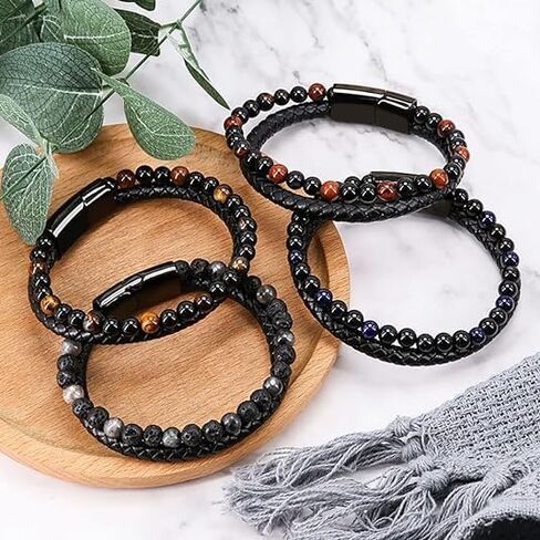 Natural Agate Stone Leather Beaded Bracelets, Volcanicx Wellness & Relief Bracelet, Volcanicx Menopause Magtherapy Bracelet Humanic+ Maxhematie Lymph Detox Slimming Jewelry Gift For Men Women in Kuwait