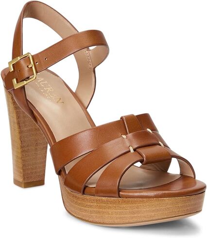 Lauren Ralph Lauren Soffia Heel Sandals for Women – Strappy Leather Upper – Padded Insole – Stacked Block Heel Deep Saddle Tan 8 B - Medium in Saudi Arabia