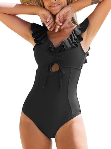 CUPSHE Women's One Piece Swimsuit Ruffle V Neck Cut Out Drawstring Back Self Tie Lace Up Bathing Suit in Saudi Arabia
