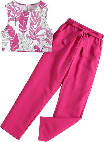 OYOANGLE Girl's 2 Piece Outfits Tropical Print Sleeveless Round Neck Tank Top and Belted Pants Set in Saudi Arabia