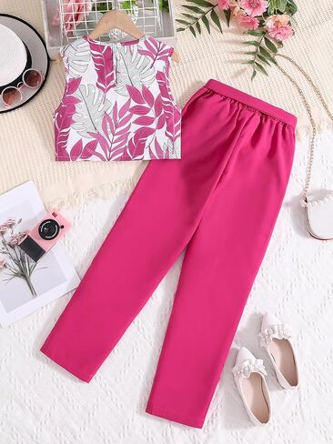 OYOANGLE Girl's 2 Piece Outfits Tropical Print Sleeveless Round Neck Tank Top and Belted Pants Set in Saudi Arabia
