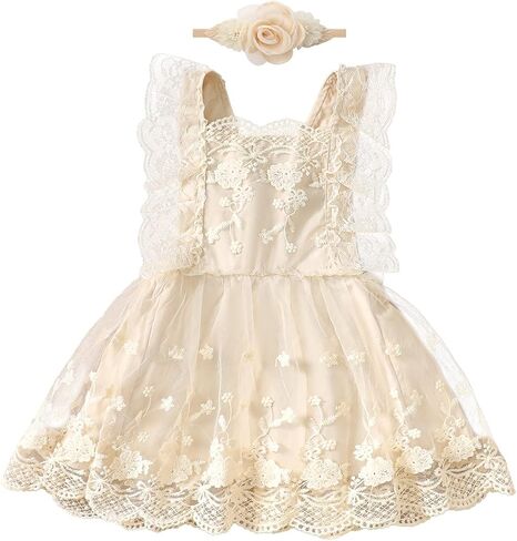 IDOPIP Baby Girls Boho Floral Lace Tutu Dress Toddler Flower Wedding Princess Birthday Party Dresses with Headband Outfit in Saudi Arabia