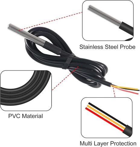 AITRIP 5 حزمة 2 قطعة DS18B20 مجموعة وحدة استشعار درجة الحرارة مع مسبار مقاوم للماء من الفولاذ المقاوم للصدأ لـ Raspberry Pi in Kuwait