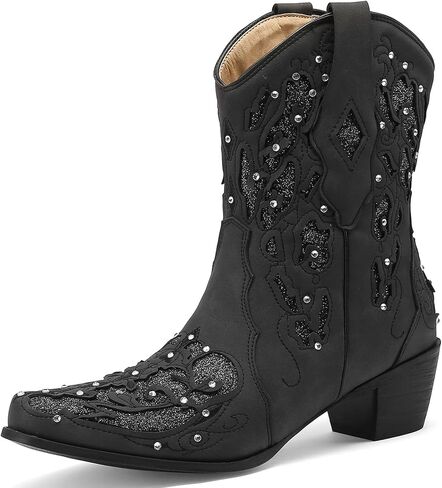 KiutSymo Glitter Rhinestone Cowboy Boots for Women Wedding Boots | Knee High Western Cowgirl Boots, Embroidered Cowgirl Boot, Sparkly Country Cowboy Boot, Pointed Toe Chunky Heel Cowboy Boots in Saudi Arabia