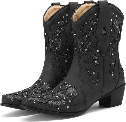 KiutSymo Glitter Rhinestone Cowboy Boots for Women Wedding Boots | Knee High Western Cowgirl Boots, Embroidered Cowgirl Boot, Sparkly Country Cowboy Boot, Pointed Toe Chunky Heel Cowboy Boots in Saudi Arabia