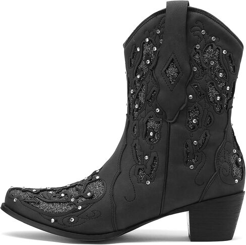 KiutSymo Glitter Rhinestone Cowboy Boots for Women Wedding Boots | Knee High Western Cowgirl Boots, Embroidered Cowgirl Boot, Sparkly Country Cowboy Boot, Pointed Toe Chunky Heel Cowboy Boots in Saudi Arabia