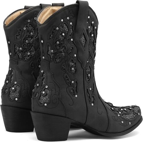 KiutSymo Glitter Rhinestone Cowboy Boots for Women Wedding Boots | Knee High Western Cowgirl Boots, Embroidered Cowgirl Boot, Sparkly Country Cowboy Boot, Pointed Toe Chunky Heel Cowboy Boots in Saudi Arabia