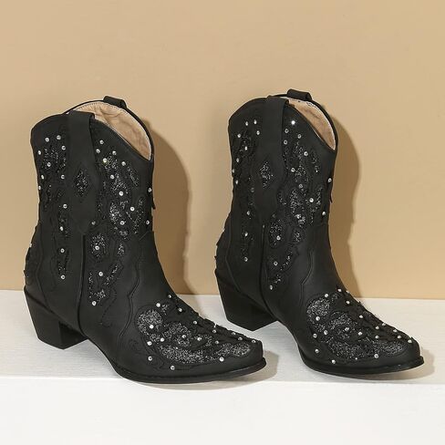 KiutSymo Glitter Rhinestone Cowboy Boots for Women Wedding Boots | Knee High Western Cowgirl Boots, Embroidered Cowgirl Boot, Sparkly Country Cowboy Boot, Pointed Toe Chunky Heel Cowboy Boots in Saudi Arabia