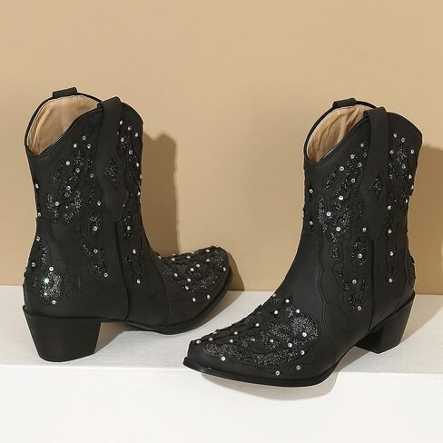 KiutSymo Glitter Rhinestone Cowboy Boots for Women Wedding Boots | Knee High Western Cowgirl Boots, Embroidered Cowgirl Boot, Sparkly Country Cowboy Boot, Pointed Toe Chunky Heel Cowboy Boots in Saudi Arabia