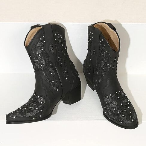 KiutSymo Glitter Rhinestone Cowboy Boots for Women Wedding Boots | Knee High Western Cowgirl Boots, Embroidered Cowgirl Boot, Sparkly Country Cowboy Boot, Pointed Toe Chunky Heel Cowboy Boots in Saudi Arabia