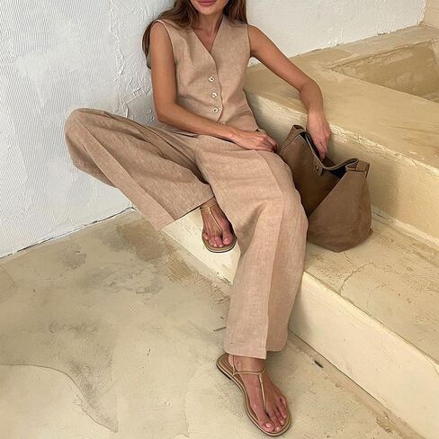 أطقم كتان للسيدات مكونة من قطعتين من سترة بياقة على شكل حرف V وبنطلون بأرجل واسعة in Kuwait