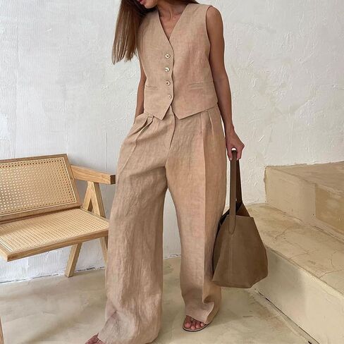 أطقم كتان للسيدات مكونة من قطعتين من سترة بياقة على شكل حرف V وبنطلون بأرجل واسعة in Kuwait