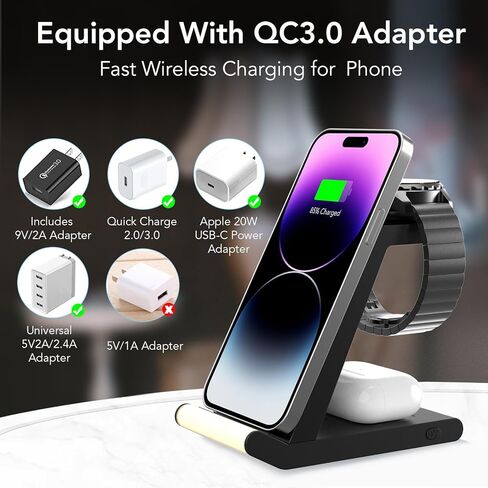 Compatible with Fossil Watch Charger, Wireless Charger Stand for Fossil Watch Gen 6 5 5E 4, 3 in 1 Wireless Charging Station Compatible with iPhone 15 14 13 12 11, for AirPods, Pixel/Galaxy in Saudi Arabia