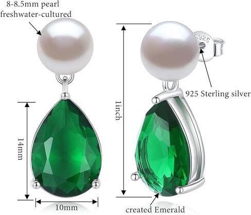 YAMI Pearl Earrings for Women, 925 Sterling Silver Birthstone Teardrop Stud Dangle Earrings, Created Emerald Drop Earrings, 8-8.5MM Freshwater Cultured Pearl Jewelry Birthday Mother’s Day Gifts in Saudi Arabia
