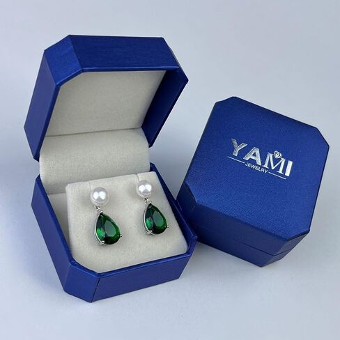YAMI Pearl Earrings for Women, 925 Sterling Silver Birthstone Teardrop Stud Dangle Earrings, Created Emerald Drop Earrings, 8-8.5MM Freshwater Cultured Pearl Jewelry Birthday Mother’s Day Gifts in Saudi Arabia
