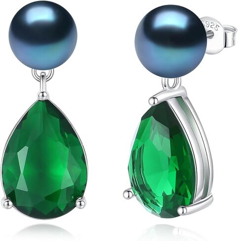 YAMI Pearl Earrings for Women, 925 Sterling Silver Birthstone Teardrop Stud Dangle Earrings, Created Emerald Drop Earrings, 8-8.5MM Freshwater Cultured Pearl Jewelry Birthday Mother’s Day Gifts in Saudi Arabia