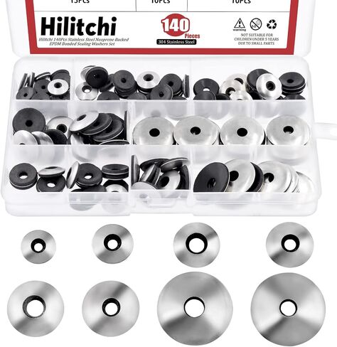 Hilitchi 140Pcs 8Sizes Stainless Steel Neoprene EPDM Bonded Sealing Gasket Washers, Cushioning Washers Assortment Kit in Saudi Arabia