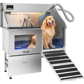 POLIMO Dog Washing Station with Built-in Pet Dryer and LED Display 50" (Right Ramp), 304 Stainless Steel Dog Bathtub for Large Medium Small Dogs, Wash and Dry Grooming Tub with Faucet, Storage Drawer in Kuwait
