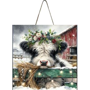 Highland Cow Christmas Handmade Printed Wood Christmas Ornament Small Sign (Black White HIghland Cow Christmas) in Kuwait