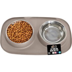 GORILLA GRIP Feeding Mat Bowl Set, 100% Waterproof BPA Free Silicone Base, 304 Stainless Steel Cat and Dog Bowls for Food and Water, Slip Resistant, High Edge, US Designed, Patent Pending, 2 Cup Gray in Kuwait