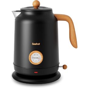 غلاية كهربائية Seehot® سعة 1.7 لتر (57.oz) مزودة بمقياس حرارة، وغلاية شاي كهربائية كبيرة بقدرة 1200 وات مع 304 من الفولاذ المقاوم للصدأ، وإيقاف تلقائي، وغلاية ماء ساخن كهربائية للقهوة والشاي - أسود in Kuwait