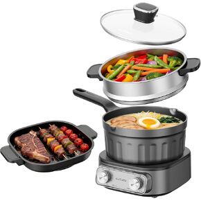 N73SNA Hot Pot Electric Nonstick, PFOA-Free Multi-Cooker 2.5 Quart Grill Steamer Set, Portable Hot Pot for Fried Rice, Oatmeal, Steak, Soup, Egg, Ramen with Power Adjustment in Saudi Arabia