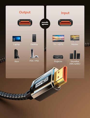 JSAUX 8K HDMI Cable 2.1 Cable 3FT, 48Gbps Ultra High Speed Long HDMI Cable, (8K@60Hz 4K@120Hz 144Hz) HDMI Cord, eARC HDR10 HDCP 2.2 & 2.3 3D, Compatible with PS5/HDTV/Xbox/Roku TV/Monitor/Blu-ray in Saudi Arabia