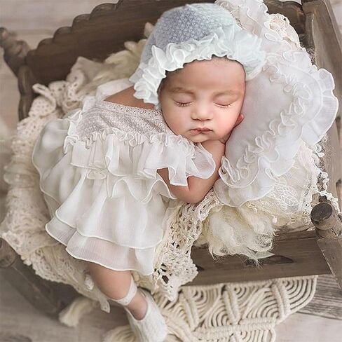Holibeat Baby Girl 4PCS Photography Props (Romper+Pillow+Hat+Shoes) Newborn Girl Christmas Lace Photoshoot Outfits Infant Posing Props (white) in Saudi Arabia