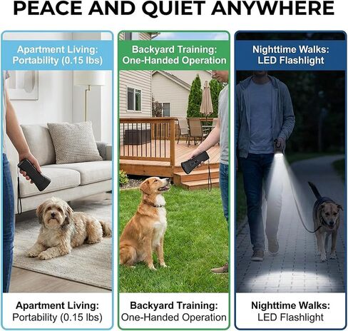 مدرب الحيوانات الأليفة بالموجات فوق الصوتية Petgentle - يتميز بمستويين شدة قابلين للتعديل ووظيفة مصباح يدوي. يساعد على كبح النباح المفرط. مناسبة لجميع أنواع الكلاب؛ يمكن استخدامها في الداخل والخارج. in Kuwait