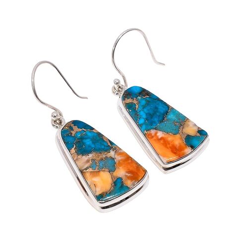 Natural Top Quality Orange Spiny Oyster Turquoise Orange Blue Copper Turquoise Gemstone 925 Sterling Silver Handmade Orange Stone Dangle Earrings for Women Gift for Her in Kuwait