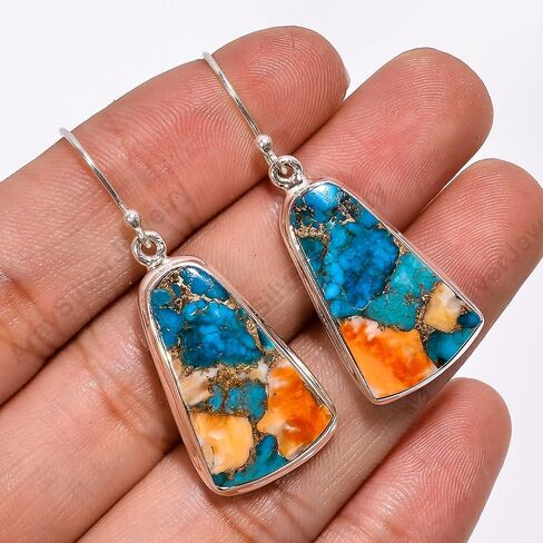 Natural Top Quality Orange Spiny Oyster Turquoise Orange Blue Copper Turquoise Gemstone 925 Sterling Silver Handmade Orange Stone Dangle Earrings for Women Gift for Her in Kuwait