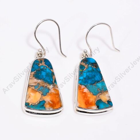 Natural Top Quality Orange Spiny Oyster Turquoise Orange Blue Copper Turquoise Gemstone 925 Sterling Silver Handmade Orange Stone Dangle Earrings for Women Gift for Her in Kuwait