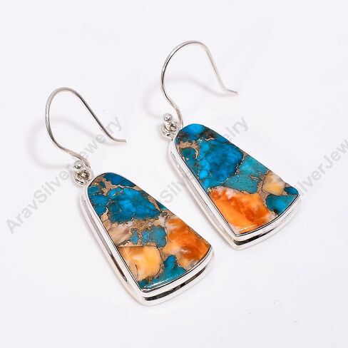 Natural Top Quality Orange Spiny Oyster Turquoise Orange Blue Copper Turquoise Gemstone 925 Sterling Silver Handmade Orange Stone Dangle Earrings for Women Gift for Her in Kuwait