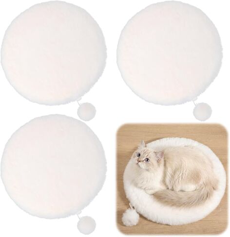 3-Pack 14" Round Cat Bed Cushion Pad Mat, Cream Faux Rabbit Fur & High-Density Foam Pet Sleeping Mat, Plush Dog Bed Mats with Wool Balls, Washable Replacement Pad for Cat Tree, Carrier, Crate, Kennel in Kuwait