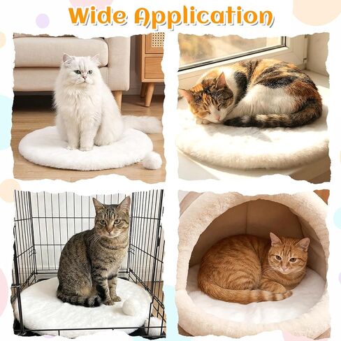 3-Pack 14" Round Cat Bed Cushion Pad Mat, Cream Faux Rabbit Fur & High-Density Foam Pet Sleeping Mat, Plush Dog Bed Mats with Wool Balls, Washable Replacement Pad for Cat Tree, Carrier, Crate, Kennel in Kuwait