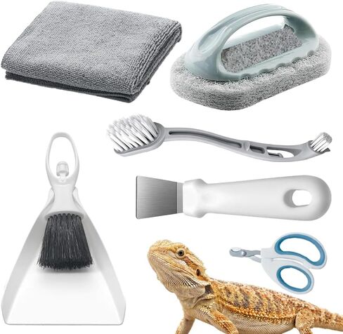 6-Piece Bearded Dragon Tank Cleaning Set, Reptile Enclosure Cleaning Tool Set with Bearded Dragon Nail Clippers&Cleaning Cloth, Brush, Scraper & Mini Dustpan for Lizard & Gecko Terrarium Maintenance in Kuwait