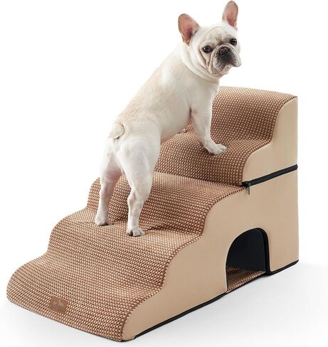 COZY KISS Extra Wide Dog Stairs with Tunnel, Foam Detachable Large Dog Step for Small Pet, Puppy or Cats, Medium Pet Ramp for High Bed, Couch, Sofa or Car, 19.7x33x22.4 inch, 5 Step, Beige in Kuwait