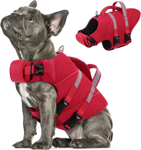 Queenmore XXL Dog Life Jackets for Swimming, Boating & Lake, High Buoyancy Ripstop Reflective Pet Life Vest with Rescue Handle & Leash Hook for Large Sized Dogs 150 lbs, Orange in Kuwait
