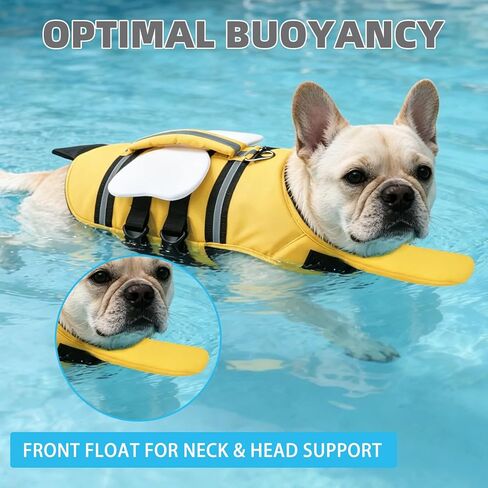 KOOLTAIL Dog Life Jacket, Cute Bee Front Float Dog Life Vest for Swimming Boating, Reflective Pet Lifesaver Swimsuit with Rescue Handle and Chin Float, Super Buoyancy for Puppy Small Medium Dogs, S in Kuwait