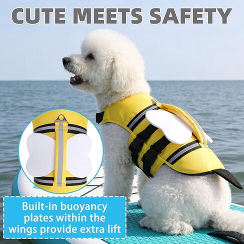 KOOLTAIL Dog Life Jacket, Cute Bee Front Float Dog Life Vest for Swimming Boating, Reflective Pet Lifesaver Swimsuit with Rescue Handle and Chin Float, Super Buoyancy for Puppy Small Medium Dogs, S in Kuwait