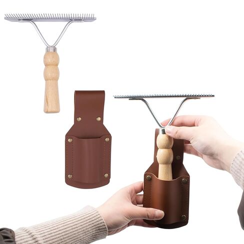 Leather Show Comb Holder and Mini Fluffer Comb Set, Livestock Show Comb Grooming Tool Holder with Metal Comb for Horse, Cattle, Dog, Cat, Goat in Kuwait