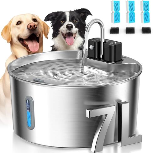 Voluas Dog Water Fountain: 1.8Gal/7L Wireless Stainless Steel Dog Fountain Bowl for Small to Large Dogs, Battery Operated Pet Water Dispenser Indoor with Ultra-Quiet Pump, Easy Clean, 1 Filter in Kuwait