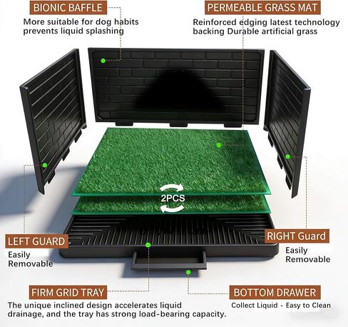 Dog Grass Pad with Tray, Puppy Potty Training System with 3 High Walls - Splashproof and Easy to Build, 2 Reusable Premium Grass Pads, Indoor Drawer-type Fake Turf Pee Litter Box for Small Dogs in Kuwait