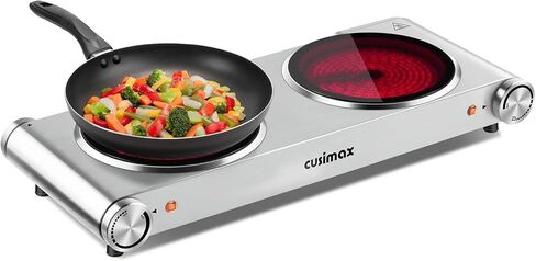 Double Burner, CUSIMAX Electric Burner 1800W Ceramic Hot Plate for Cooking, Glass Plate Infrared Burner, Portable Dual Control Electric Cooktop, Stainless Steel-Upgraded Version in Kuwait