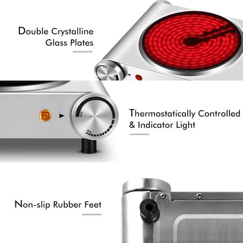 Double Burner, CUSIMAX Electric Burner 1800W Ceramic Hot Plate for Cooking, Glass Plate Infrared Burner, Portable Dual Control Electric Cooktop, Stainless Steel-Upgraded Version in Kuwait
