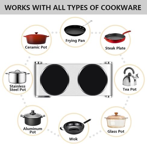 Double Burner, CUSIMAX Electric Burner 1800W Ceramic Hot Plate for Cooking, Glass Plate Infrared Burner, Portable Dual Control Electric Cooktop, Stainless Steel-Upgraded Version in Kuwait